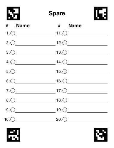 Voting card, with ArUco codes in the corners, and 20 lines to fill in with names